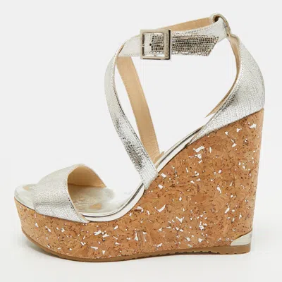 Pre-owned Jimmy Choo Aleili Size 38 Silver Texture Suede Wedge Sandals