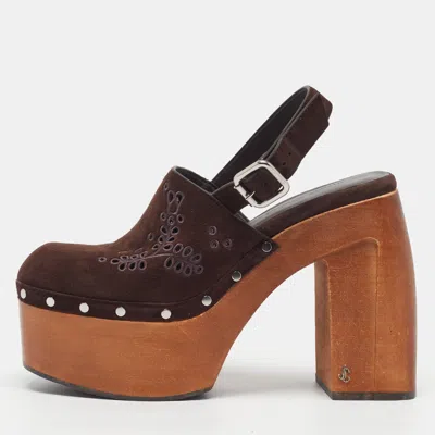 Pre-owned Jimmy Choo Alida Size 39 Dark Brown Suede Slingback Platform Clogs