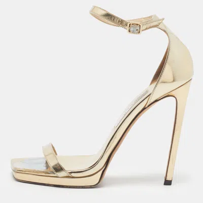 Pre-owned Jimmy Choo Alva Size 39 Gold Patent Leather Platform Ankle Strap Sandals
