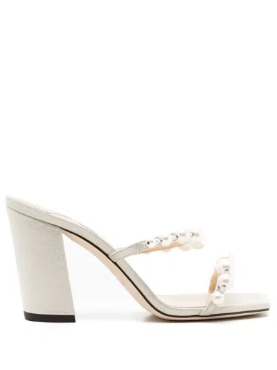 Jimmy Choo Amara 85 Faux Pearl-embellished Metallic Suede Sandals In Platinum