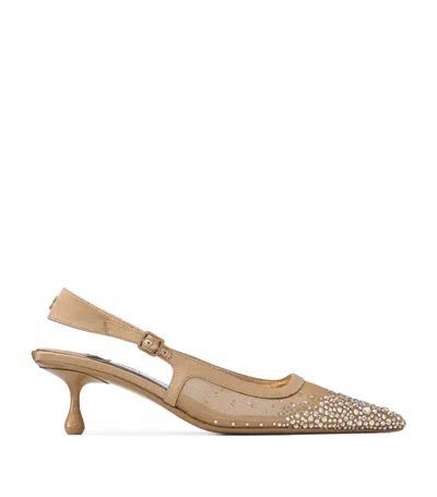 Jimmy Choo Amel 50 Crystal-embellished Mesh And Satin Slingback Pumps In Beige