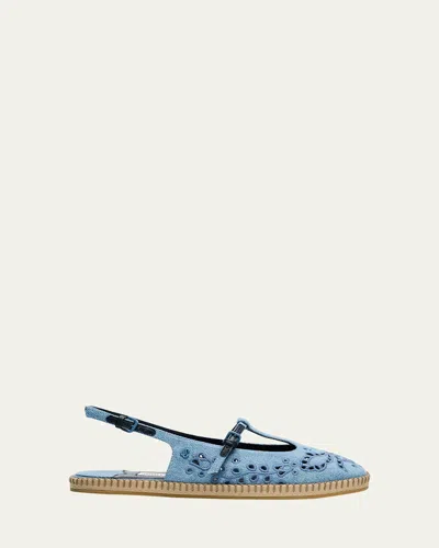 JIMMY CHOO AMIEE DENIM EMBROIDERED ESPADRILLE BALLERINA FLATS