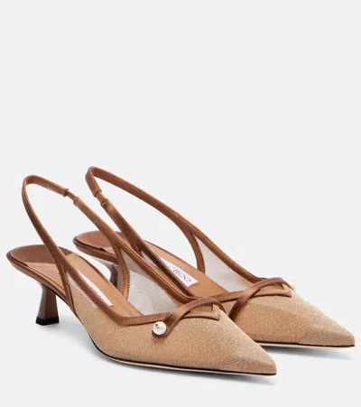 Jimmy Choo Amita 45 Leather-trimmed Slingback Pumps In Brown