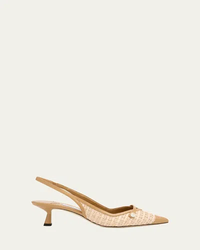 Jimmy Choo Amita 45 Faux Pearl-embellished Leather-trimmed Raffia Slingback Pumps