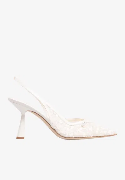 Jimmy Choo Amita 85 Lace Slingback Pumps In White