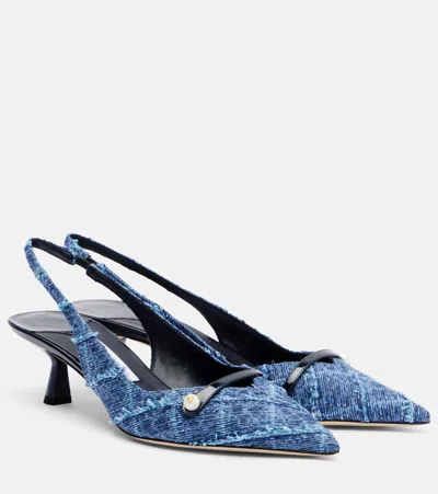Jimmy Choo Amita 45 Leather-trimmed Frayed Denim Slingback Pumps In Blue
