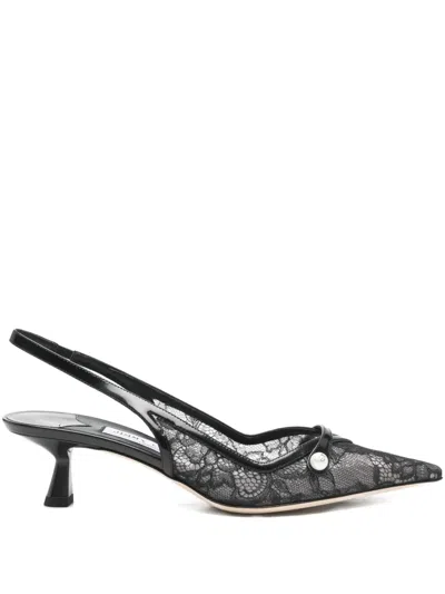 Jimmy Choo Amita 45 Lace Pumps Button Detail Kitten In Black