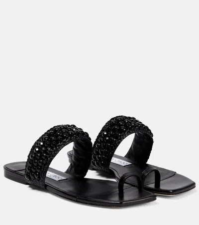 Jimmy Choo Love Bead-embellished Raffia And Leather Sandals In Black