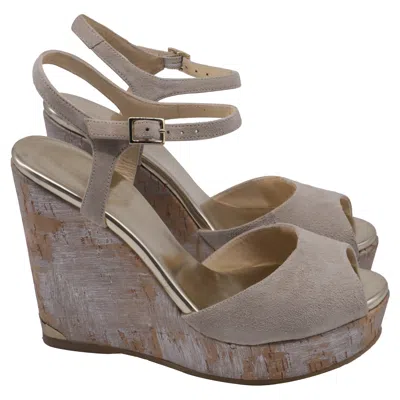 Jimmy Choo Ankle Strap Cork Wedge Sandals In Beige Suede In Multi