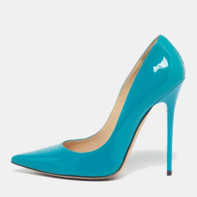 Pre-owned Jimmy Choo Anouk Size 37.5 Teal Blue Patent Leather Pumps