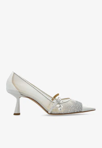 Jimmy Choo Aren 65 Crystal Embellished Mesh Pumps In White