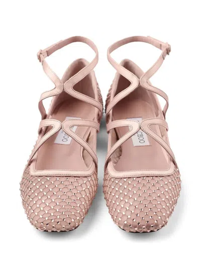 Jimmy Choo Astoria Crystal Nude Fishnet Ballerina In Pink