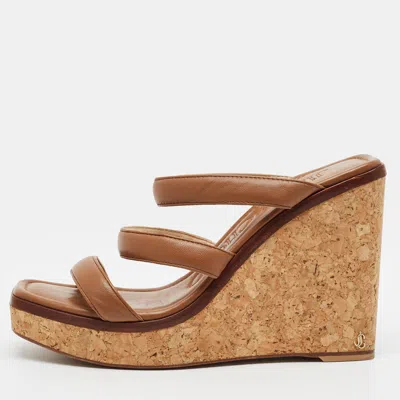 Pre-owned Jimmy Choo Athenia Size 39 Brown Leather Cork Platform Wedge Sandals