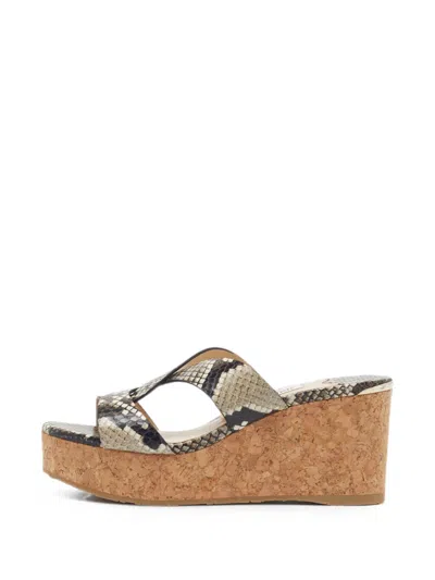 Pre-owned Jimmy Choo Atia Python-embossed Wedge-heel Sandals In Grey