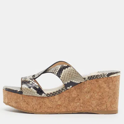 Pre-owned Jimmy Choo Atia Size 36.5 Grey Python Embossed Leather Wedge Sandals
