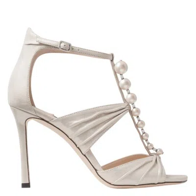 Jimmy Choo Aura 95 Shimmer Suede Pearl Sandals In Neutral