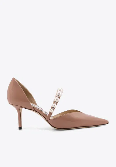 Jimmy Choo Aurelie 65 Pearl Embellished Pumps In Patent Leather In Brown