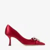 Jimmy Choo Aura 70 Crystal Bow-embellished Satin Pumps In Red