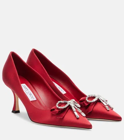 Jimmy Choo Aura 70 Crystal Bow-embellished Satin Pumps In Red