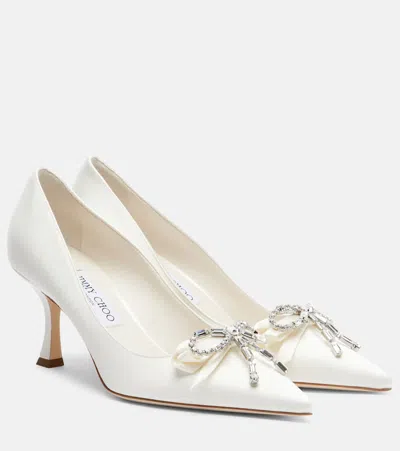 Jimmy Choo Women Auria Satin Pumps With Crystal Bow Detail In White