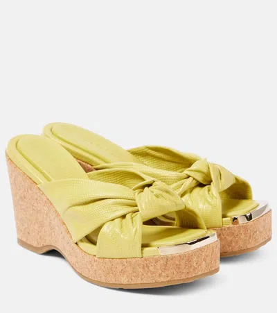 Jimmy Choo Avenue Lizard-effect Leather Wedge Sandals In Sunbleached Yellow