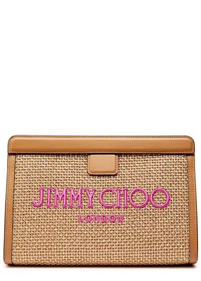 Jimmy Choo Avenue Logo Raffia Pouch In Gold