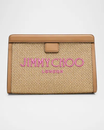 Jimmy Choo Avenue Metallic Raffia Pouch Clutch Bag In Gold