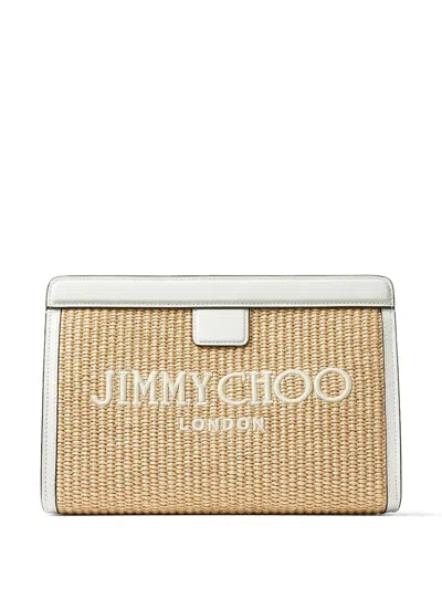 Jimmy Choo Leather-trimmed Embroidered Raffia Clutch In Beige