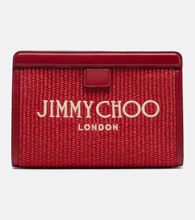 Jimmy Choo Avenue Small Leather-trimmed Raffia Pouch In White