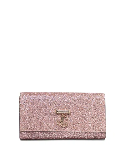 Jimmy Choo Pink Glitter Avenue Wallet With Pearl Strap For Women