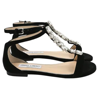Pre-owned Jimmy Choo Averie Embellished T-strap Sandals In Black Suede