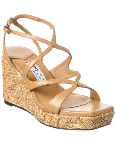 Jimmy Choo Ayla 85 Leather & Raffia Wedge Sandal In Brown
