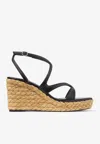 Jimmy Choo Ayla 85 Nappa Leather And Raffia Wedge Sandals In Black