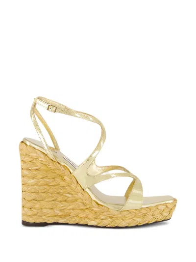 Jimmy Choo Ayla Liquid-metal Leather Wedge Sandals In Gold