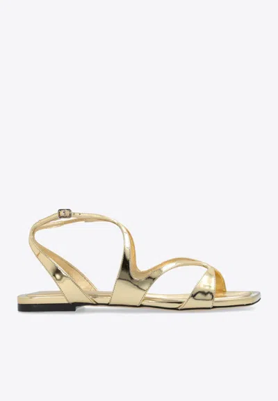 Jimmy Choo Ayla Flat Sandals Open Square Toe Metallic In Gold