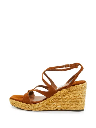 Pre-owned Jimmy Choo Ayla Raffia Wedge Sandals In Brown