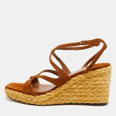 Pre-owned Jimmy Choo Ayla Size 39.5 Brown Suede Raffia Platform Wedge Sandals