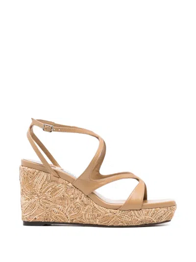 Jimmy Choo Ayla 85 Floral Woven Wedge In Cappuccino Natural In Brown