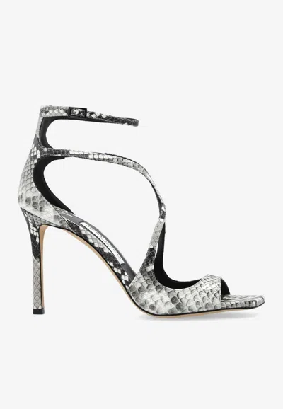 JIMMY CHOO AZIA 95 PYTHON PRINT LEATHER SANDALS