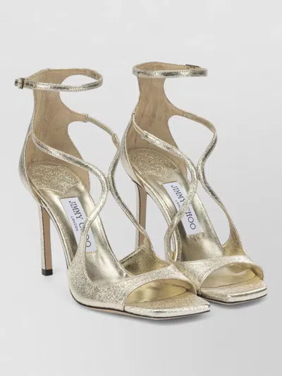 Jimmy Choo Azia Laminated Nappa Sandals With A Stiletto Heel And Square Toe In Gold