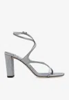 Jimmy Choo 'azie' Metallic Sandals With High Stacked Heel And Criss-cross Strap In Silver