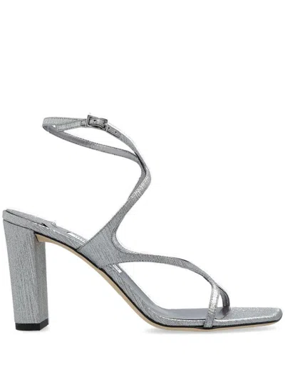 Jimmy Choo 'azie' Metallic Sandals With High Stacked Heel And Criss-cross Strap