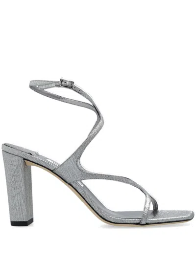 JIMMY CHOO 'AZIE' METALLIC SANDALS WITH HIGH STACKED HEEL AND CRISS-CROSS STRAP IN TECH FABRIC WOMAN