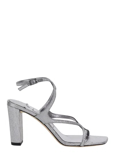 JIMMY CHOO AZIE METALLIC SANDALS WITH HIGH STACKED HEEL AND CRISS-CROSS STRAP IN TECH FABRIC WOMAN