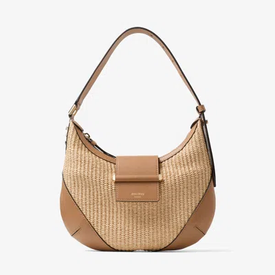 Jimmy Choo Bar Hobo Small Natural And Toffee Raffia Shoulder Bag With Smooth Calf Leather Trim Natur In Brown