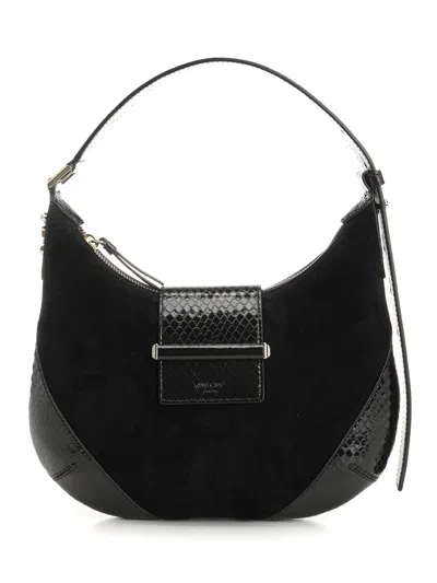 Jimmy Choo Bar Hobo/s Suede W/shiny Snake Printed Leather Trims Shoulder Bags Black