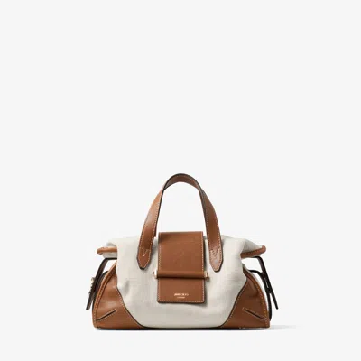 Jimmy Choo Bar Holdall Small Natural And Tan Recycled Canvas Holdall Bag With Biker Leather Trim Nat In Brown