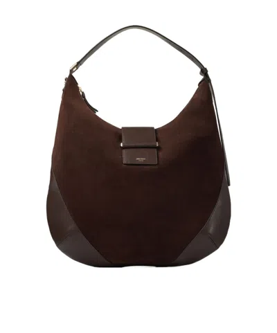 Jimmy Choo Bar Suede Tote In Chocolate/bright Gold