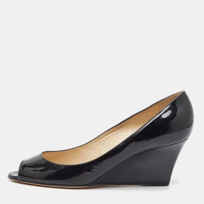 Pre-owned Jimmy Choo Baxen Size 41 Black Patent Leather Peep Toe Wedge Pumps