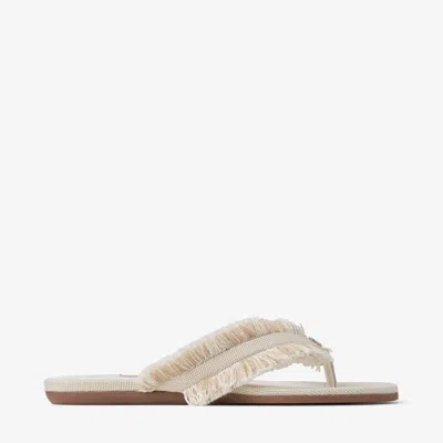 Jimmy Choo Bay Flat Almond Mix Frayed Flecked Canvas Flat Sandals Almond Mix 43 In White